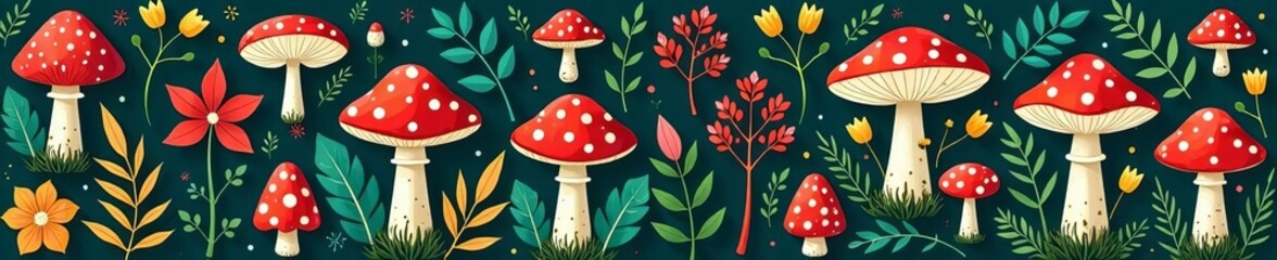 Repeat design of woodland mushrooms, flowers, and ferns perfect for nature backgrounds, repeat, design