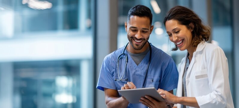 The healthcare professionals collaborating on a tablet in a modern medical facility.