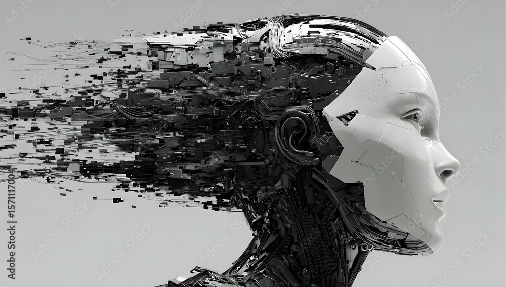 Poster a futuristic robotic figure with flowing digital elements, representing the intersection of artifici