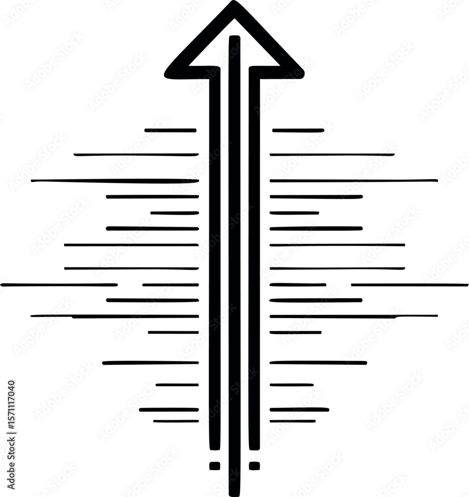 Poster black linear arrow pointing upward with speed lines black and white icon