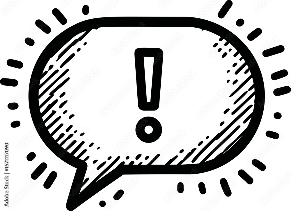 Aufkleber exclamation mark in a speech bubble with black sketch lines and rays