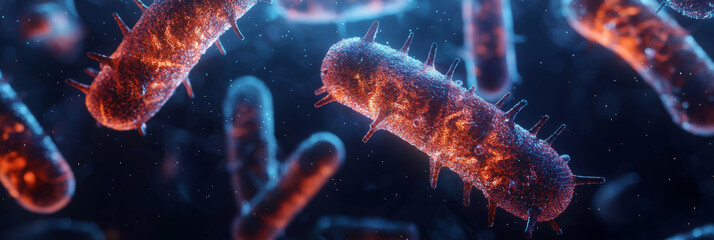 Microscopic view of bacteria and particles in a glowing liquid environment