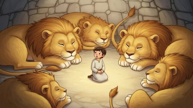 Biblical depiction of Daniel in the lions' den, sitting peacefully among sleeping lions, symbolizing faith, divine protection, and courage 