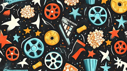 Colorful Cinema Celebration: Popcorn, Film Reels, and Starry Night Abstract Design