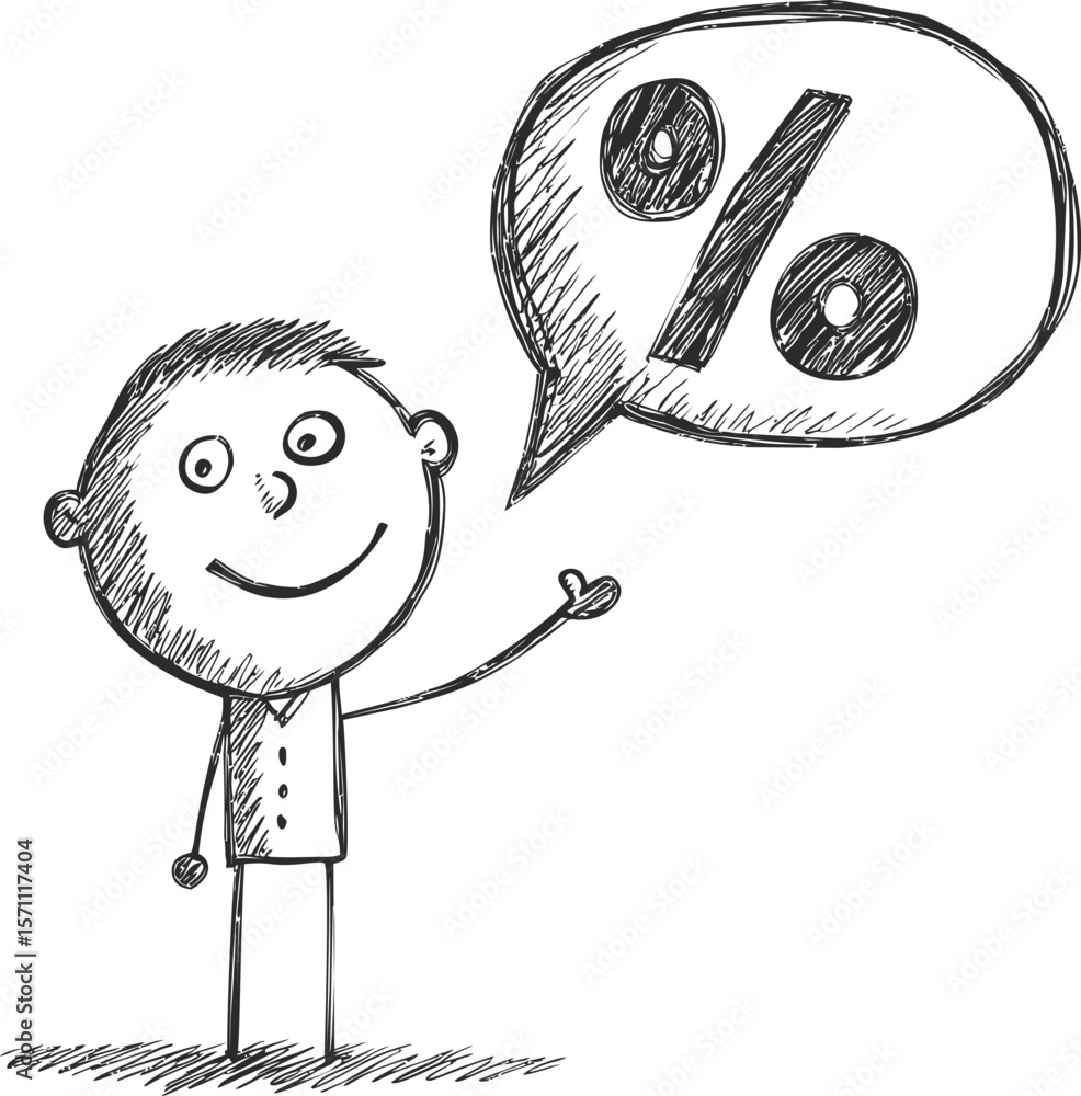 Poster smiling stick figure boy with speech bubble showing percentage symbol