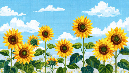 Obraz premium A needlepoint-style tapestry of Illustration watercolor style of blue sky and sunflower