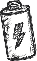 Drawn sketch of a battery with lightning bolt symbol, representing energy concept