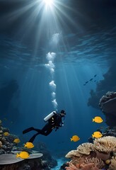 Scuba Diver Exploring Vibrant Coral Reef Underwater. for travel, adventure, nature, and diving themes.