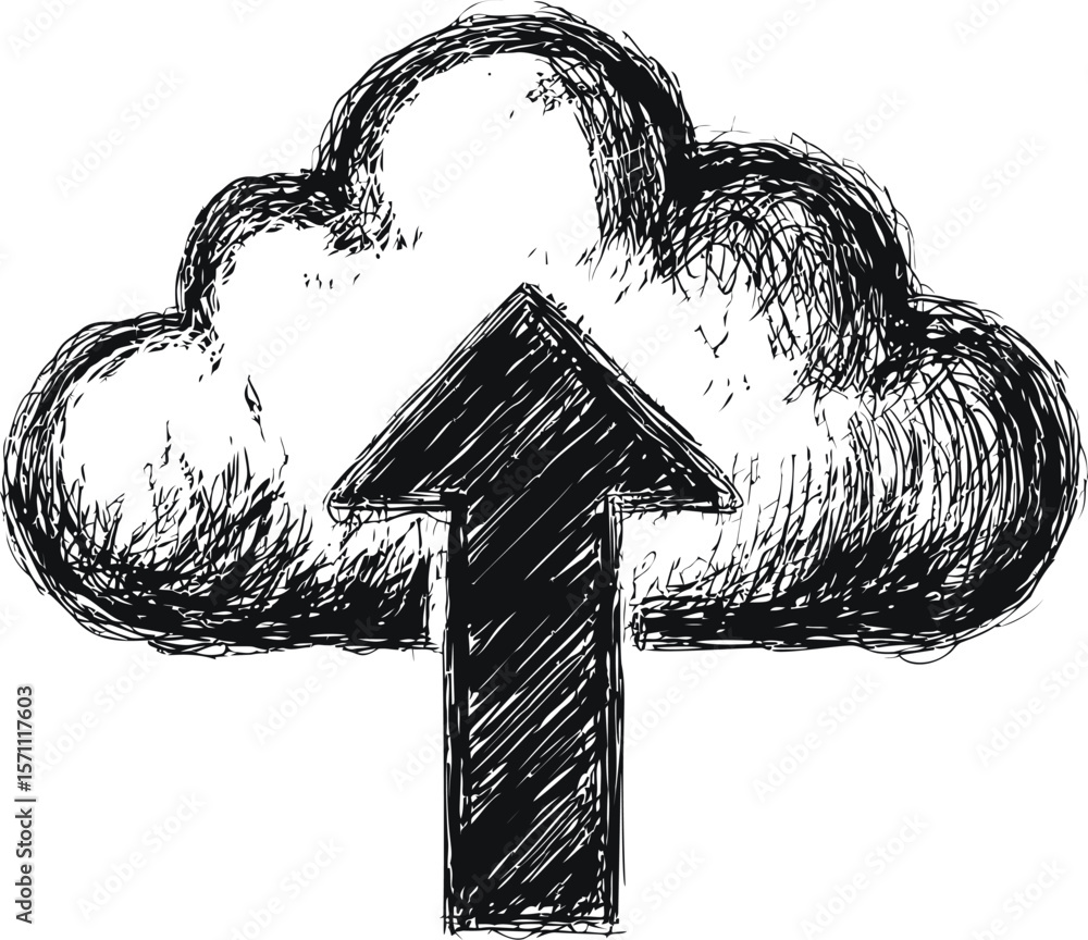 Aufkleber sketch of a cloud with an upward arrow symbolizing data upload