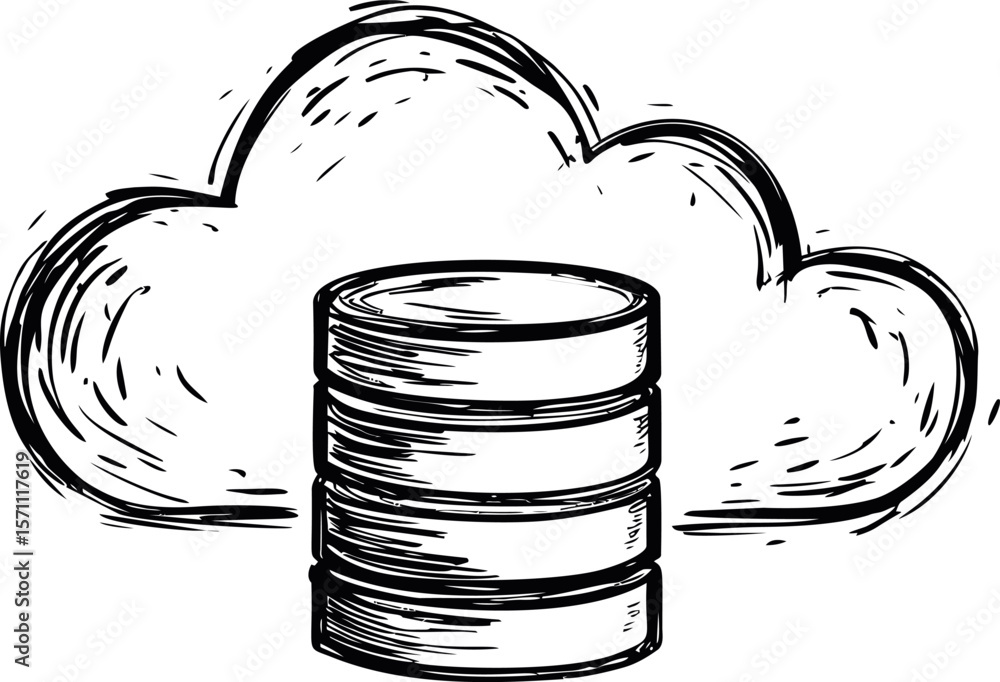 Poster hand-drawn cloud with a database symbolizing cloud storage concept