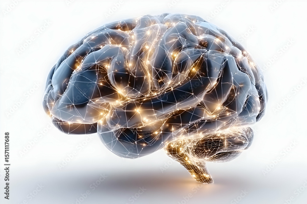 Poster a conceptual visualization of a brain illuminated with interconnected lights, symbolizing intelligen
