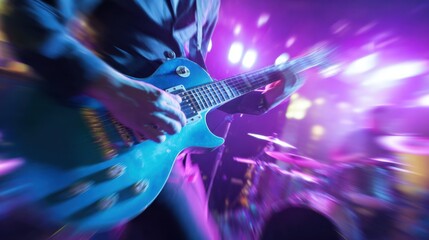 The electrifying performance of a guitarist under vibrant stage lights.