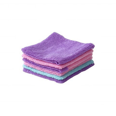 A stack of colorful microfiber cleaning cloths in shades of purple and blue, perfect for household cleaning tasks and daily use, isolated on a white background.