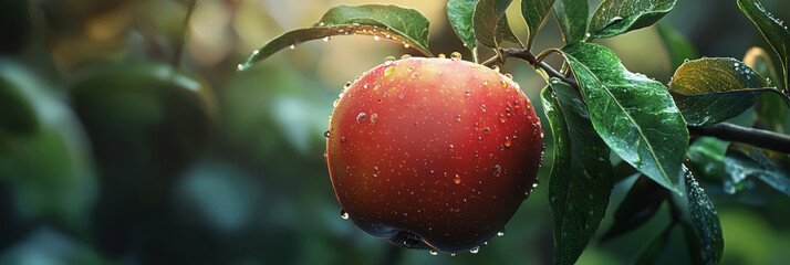Close-up of a freshly picked red apple with water droplets and vibrant green lea