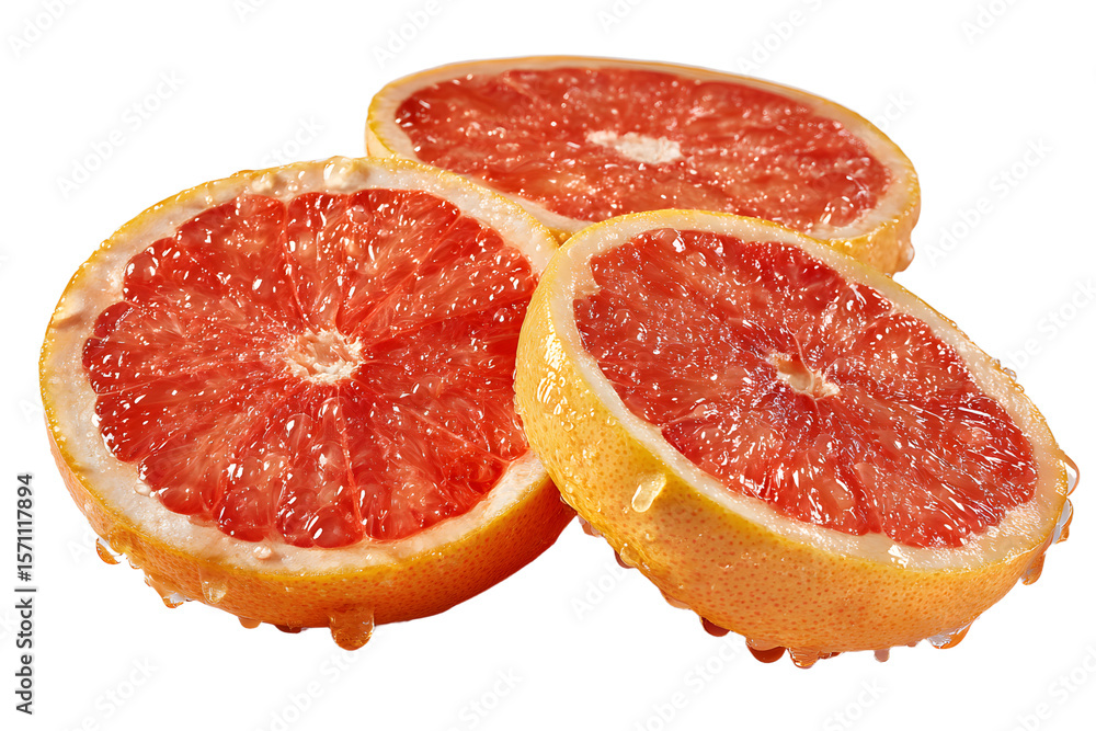 Aufkleber four grapefruit slices with juice drops isolated on transparent background close up