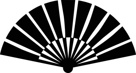 Black and white silhouette of a classic hand fan on a plain background