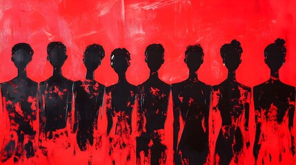 Silhouettes of figures against a vibrant red background.