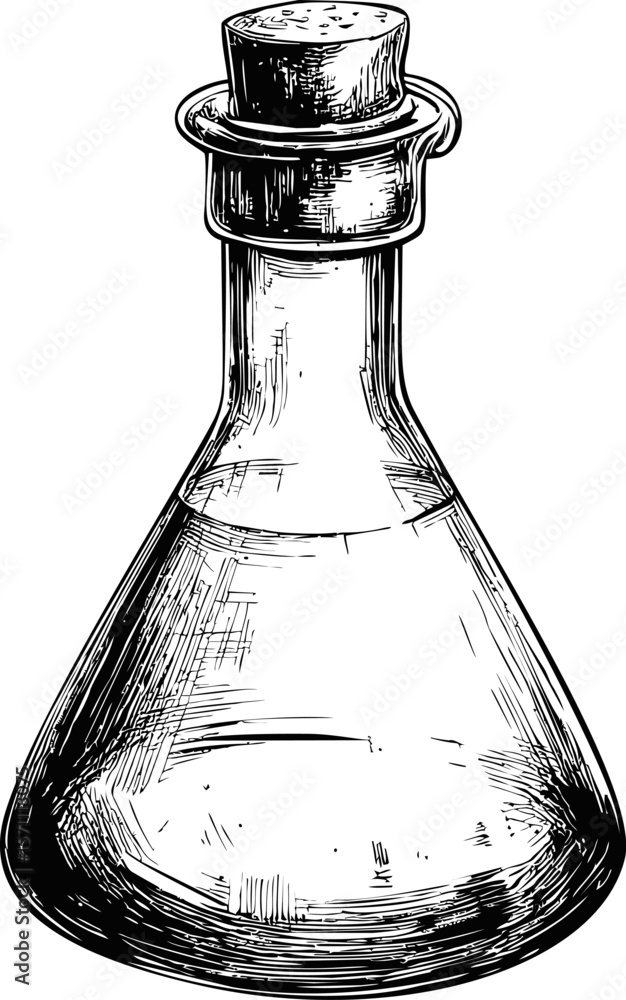 Aufkleber ink drawing of a glass flask with a cork stopper in transparent monochrome