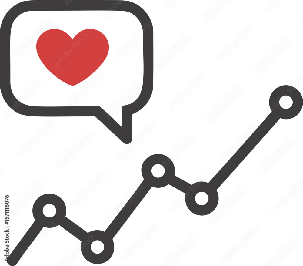 Poster heart symbol in speech bubble with rising graph line in black and red icon