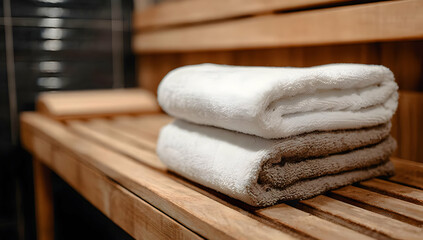 A cozy sauna setting featuring neatly stacked towels on a wooden bench, ideal for a relaxing and rejuvenating experience.