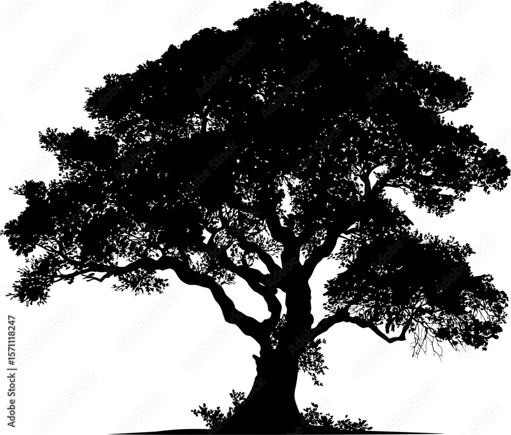 Poster silhouette of a large tree with dense branches and foliage