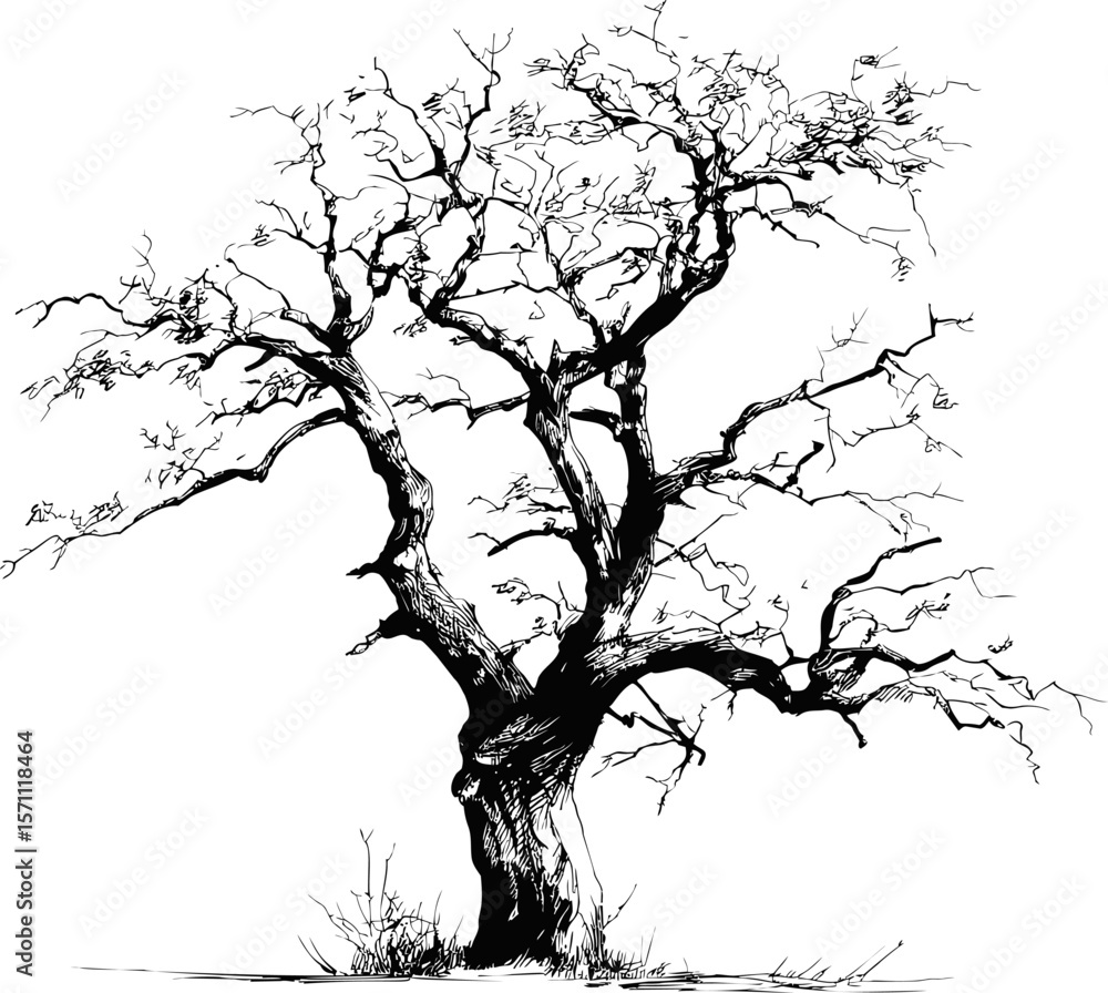 Poster black and white sketch of a leafless tree with intricate branches