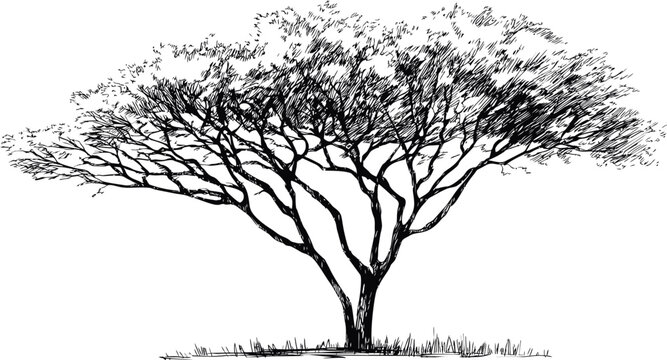 Detailed black and white illustration of a sprawling acacia tree silhouette