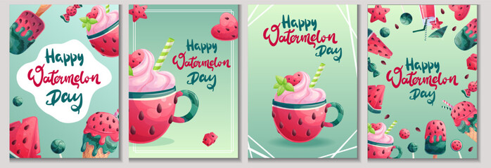 A set of greeting card designs for the national watermelon Day. Handwritten inscriptions. The concept of celebration. Vector illustrations for the design of postcards, posters, banners, covers
