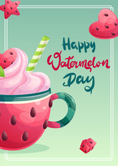 Greeting card design for national watermelon Day. Watermelon dessert. Handwritten inscriptions. The concept of celebration. Vector illustrations for the design of postcards, posters, banners, covers