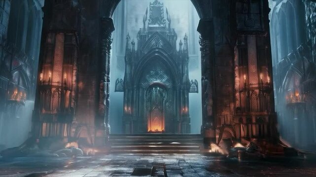 A dark gothic cathedral with high vaults and burning torches. Applicable in horror movies and video games with mystical themes.

