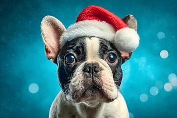 Adorable French Bulldog wearing a Santa hat, showcasing festive spirit and charm in a vibrant background filled with bokeh lights.