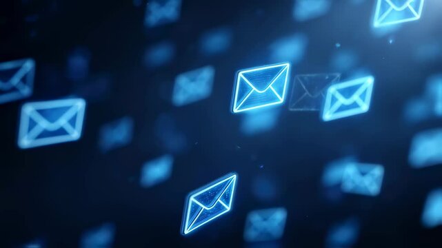 An eyecatching animation of radiant blue envelopes illuminating a shadowy backdrop representing the cuttingedge world of email marketing. The hovering email icons evoke a sense of forwardthinking