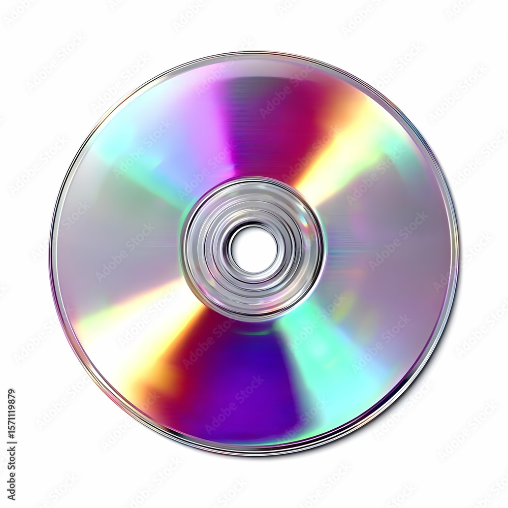Poster close-up view of a reflective cd with vibrant colors, showcasing the unique light patterns and desig