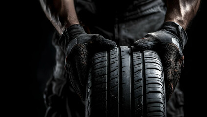 A mechanic in dark attire demonstrates strength while handling a heavy tire, showcasing the hard work involved in automotive repair.