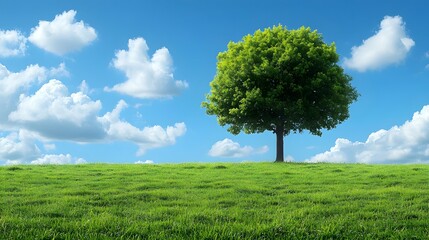 Obraz premium Lone green tree standing in a lush grassy field beneath a tranquil blue sky filled with white fluffy clouds