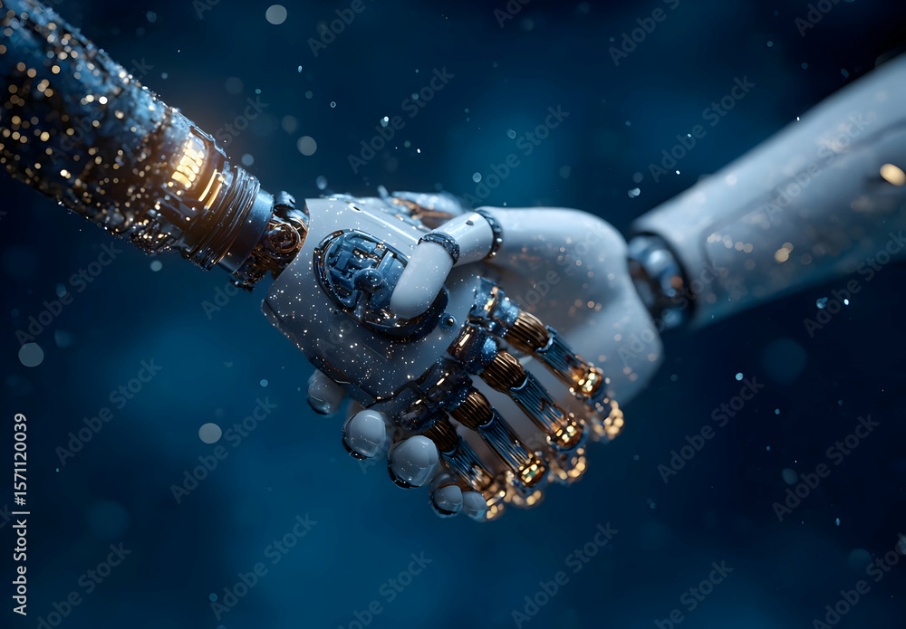 Poster a close-up of robotic hands shaking, symbolizing collaboration between humans and machines in the fi