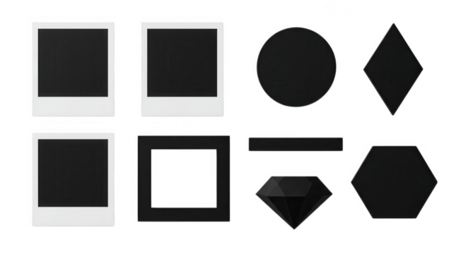 Collection of frames and geometric shapes isolated on transparent background