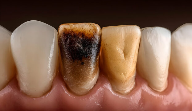 Close-up view of teeth showing signs of dental decay, highlighting the importance of oral hygiene and regular dental check-ups.