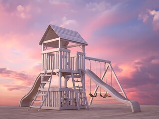 Suspended play towers in pink sunset sky with cloud slides and ladders