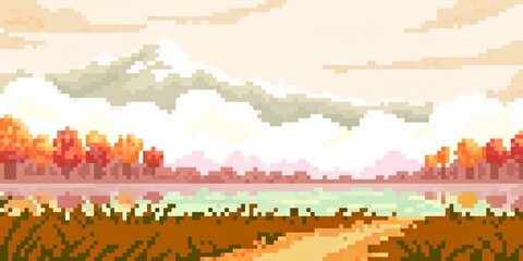 Obraz premium Pixel art landscape featuring a lake with autumn trees and a mountain range in the background view scene