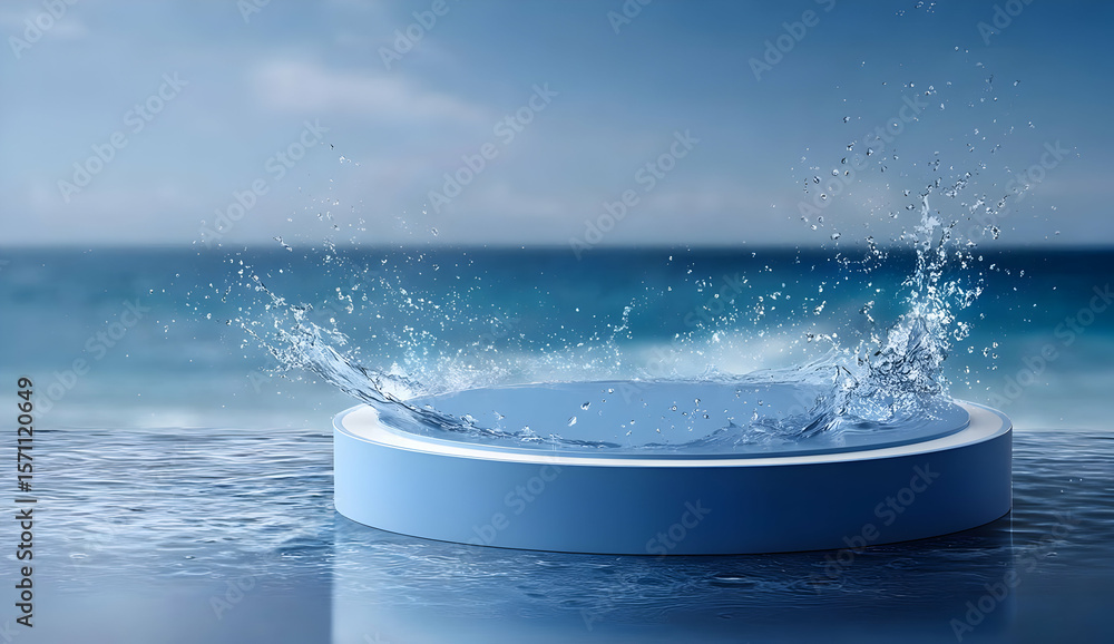 Poster a serene view of water splashing into a circular pool, capturing the tranquility of a coastal settin