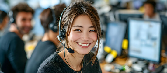 A cheerful woman in a headset smiling while working in a busy office environment, showcasing teamwork and communication.