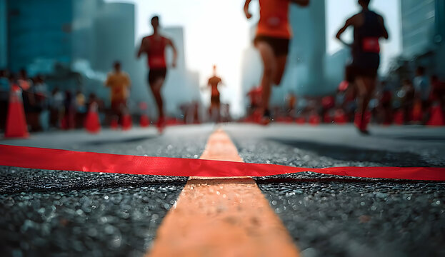 Dynamic scene of runners crossing finish line in a city marathon, capturing the spirit of competition and determination.