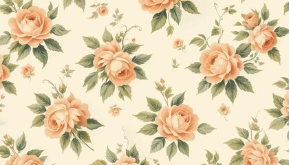 Vintage 1980s kitchen wallpaper texture, repeating floral pattern with soft peach roses and green leaves, light cream background, faded retro style.