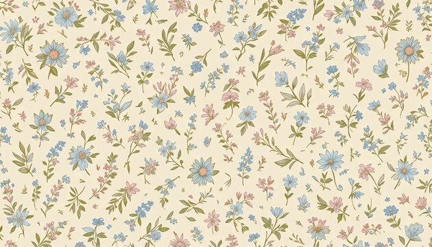 Rustic kitchen wallpaper from the 80s, small blue and pink flower sprigs scattered on cream background, seamless pattern, nostalgic tone.