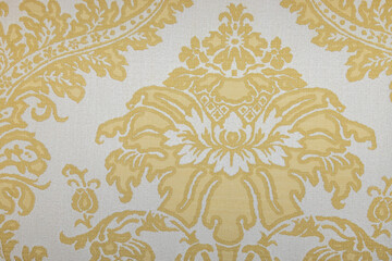Luxurious gold damask wallpaper pattern on white, ornate baroque floral fabric background