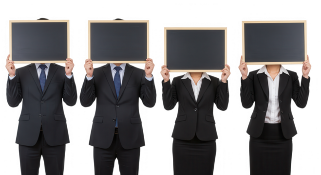 Four business figures holding blank boards over their heads isolated on transparent background