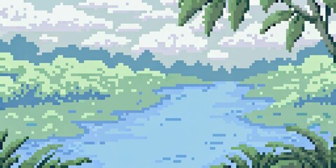 Fototapeta premium Pixelated river landscape with trees and foliage under a cloudy sky in a retro style game scene