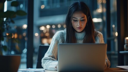 Focused young professional woman working on a laptop in a cozy environment