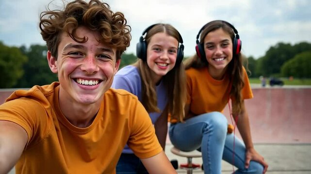 happy teenagers smiling and taking a selfie in a sunny park, enjoying summer fun together, concept of youth, friendship
